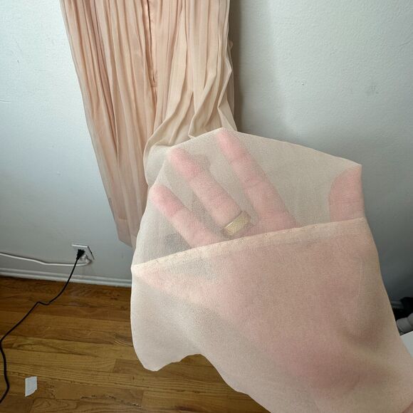 Vintage Size 15 Peach Chiffon Pleated Belted Sleeveless Dress Drape Neck BackZip - Picture 7 of 16